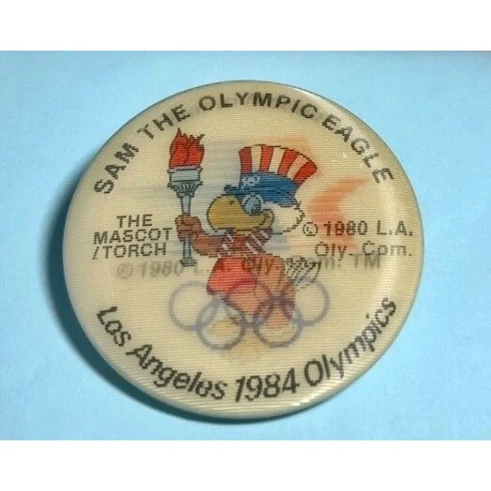 1984 Los Angeles OLYMPICS, 2 Buttons ,Sam The Eagle Mascot & Moving Star logo - Picture 2 of 4